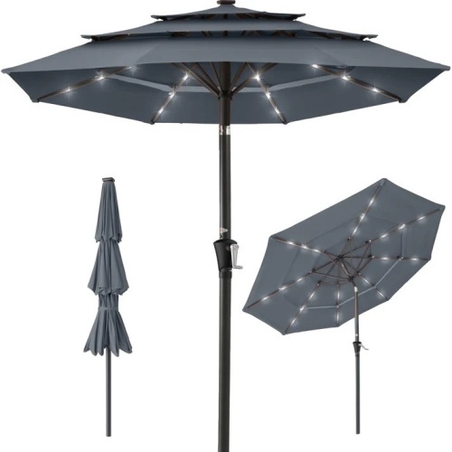 3-Tier Solar Patio Umbrella w/ LED Lights, Tilt Adjustment, Crank - 10ft - Lot 8693