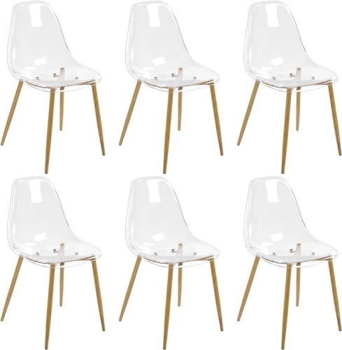 Clear Dining Chairs Set of 6 Modern Acrylic Kitchen Chairs Transparent Chairs with Wood Legs Ghost Chairs Plastic Accent Side Chairs for Kitchen Dining Living Room Restaurant Guest Bedroom - Lot 8656