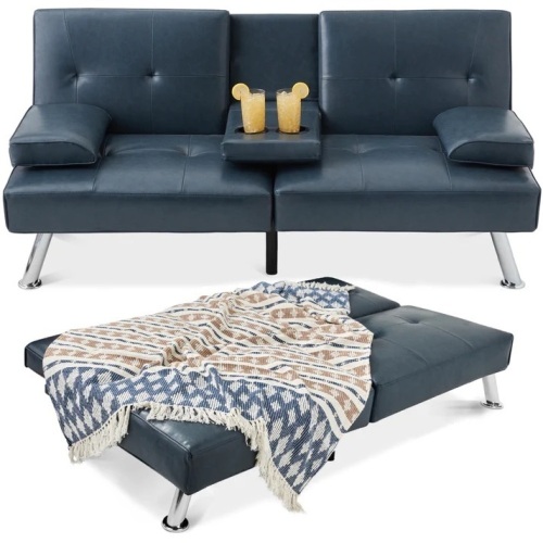 Faux Leather Upholstered Convertible Sofa Bed Futon w/ 2 Cupholders - Lot 8766