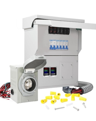 Upgraded 30 Amp 6 Circuit Transfer Switch Kit for Generator with 2 Digital Display Energy Meter with NEMA L14-30p Optional Power Inlet, IP 67 Waterproof, PreWired, for Indoor and Outdoor Use - Lot 8705