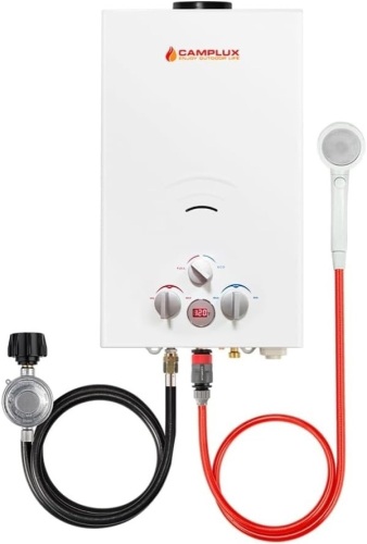 Tankless Water Heater, Camplux 2.64 GPM Outdoor Propane Gas Water Heater for Camping, BW264, White - Lot 8668anm
