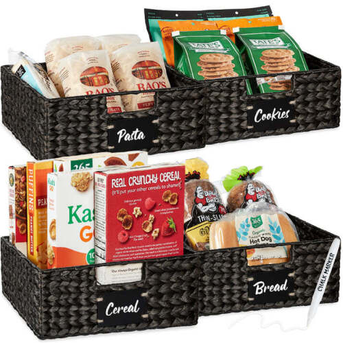 Set of 4 Water Hyacinth Pantry Baskets w/ Chalkboard, Marker - 13in - Lot 8782
