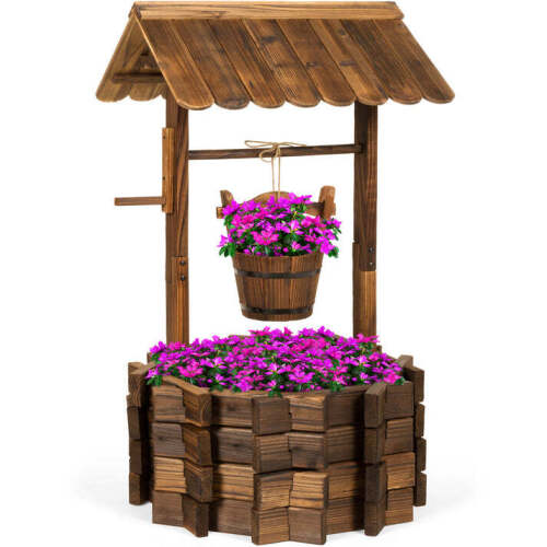 Rustic Wooden Wishing Well Planter Yard Decoration w/ Hanging Bucket - Lot 8812