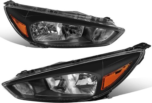 Pair of Black Housing Amber Corner Headlight Assembly Lamps Compatible with Ford Focus 3rd Gen 15-18 - Lot 8996