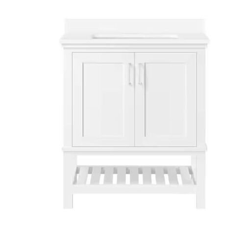 Home Decorators Collection Tupelo 30 in. W x 19 in. D x 34 in. H Single Sink Bath Vanity in White with White Engineered Stone Top - Small Chip in Top   - Lot 50