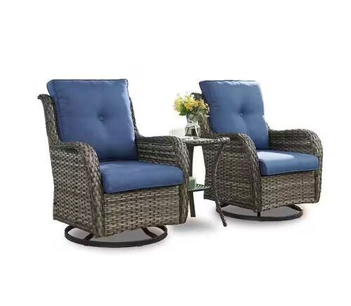Carolina Gray 3 Pieces Wicker Patio Conversation Deep Seating Set with CushionGuard Blue Cushions  - Lot 17