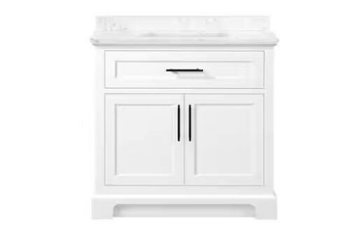 Home Decorators Collection Doveton 36 in. Single Sink Freestanding White Bath Vanity with White Engineered Marble Top  - Lot 19