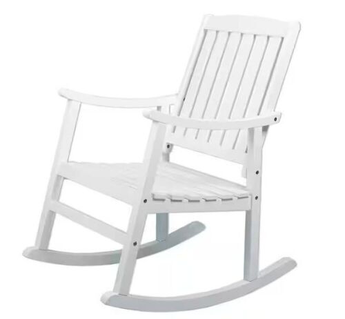 Jonathan Y Penny Classic Slat-Back 300 lbs. Support Acacia Wood Patio Outdoor Rocking Chair in White  - Lot 82