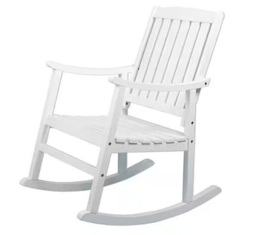Jonathan Y Penny Classic Slat-Back 300 lbs. Support Acacia Wood Patio Outdoor Rocking Chair in White - Blemish on Back  - Lot 83
