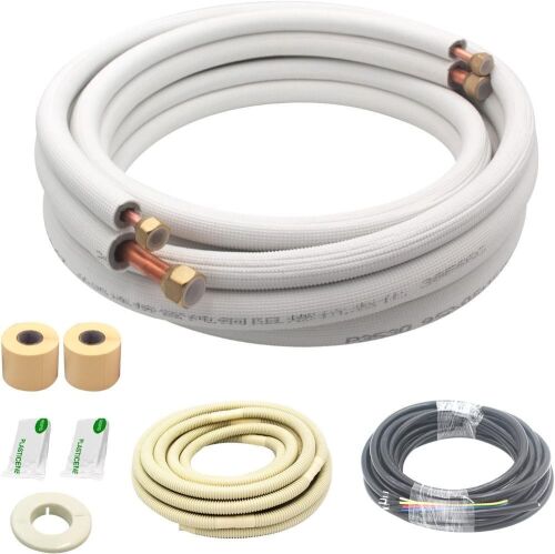 16ft Length Mini Split Line Set,1/4" 5/8" OD Copper Pipes Tubing and 3/8 White PE Thickened Insulated Coil - Lot 162