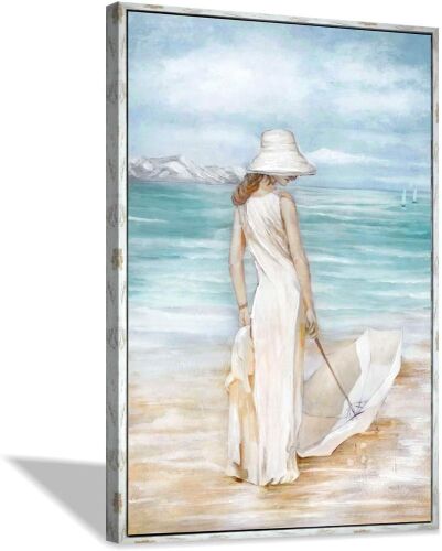  Modern Woman & Umbrella Sea Print Framed Wall Art on Canvas, 45” x 30" - Lot 679