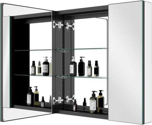 Aluminum Medicine Cabinet for Bathroom with Mirror 2 Doors Recessed or Surface Mount 30x30 Inch, Black - Lot 9083