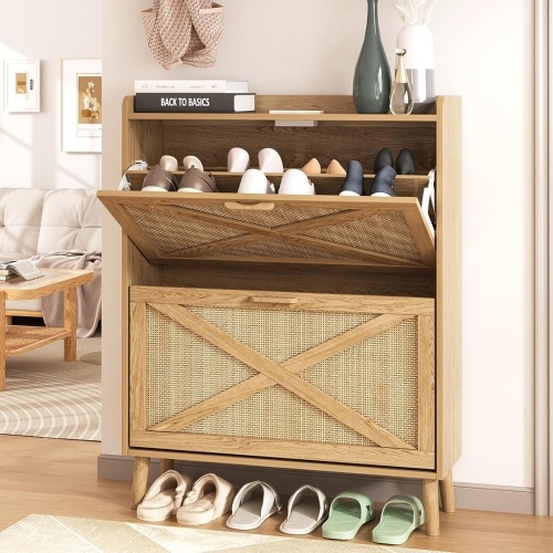 Maupvit Shoe Cabinet with 2 Flip Drawers, Freestanding Shoe Cabinet Organizer with Wood Legs, Shoes Storage Cabinet for Entryway, Narrow Shoe Rack Cabinet, Rattan - Lot 9086