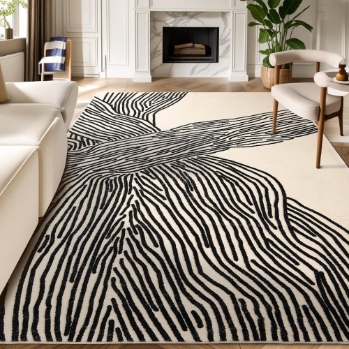YIHOUSE 6×9 Ft Area Rugs Non-Shedding Washable Rug, Bedroom Living Room Dining Room Office Nonslip Modern Large Rugs Soft Faux Wool Carpet Indoor Contemporary Striped Rugs-Black and White Rug - Lot 9088