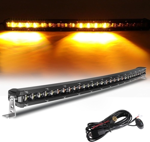 BraveWAY 32 inch LED Light Bar Curved Single Row 6500K White Driving Light White & Amber Flashing Strobe Light with 12V Wiring Harness for Off-Road Car SUV Police Truck - Lot 9091