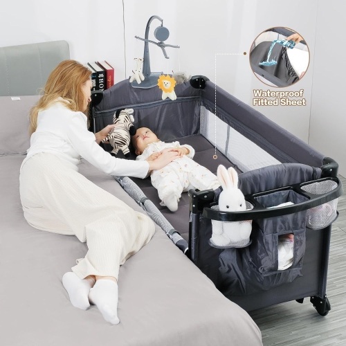 5 in 1 Baby Bassinet Bedside Sleeper, Pack and Play Bassinet with Diaper Changer and Waterproof Sheet, Mattress,Music,Folding Portable Playards from Newborn to Toddler,Grey - Lot 9092
