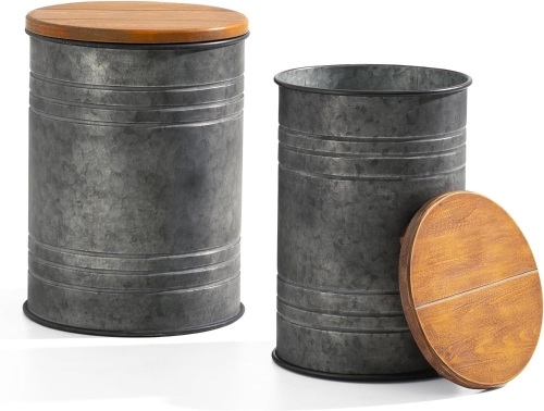 Farmhouse End Tables Set of 2, Galvanized Metal Decor Side Table with Wood Lid, Coffee Table Storage Stool for Living Room (Grey) - Lot 9101