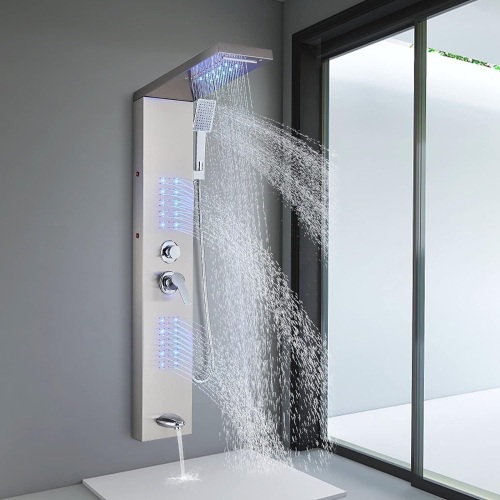 Shower Panel Tower System,LED Rainfall Waterfall Shower Head LED Large Area Massage Jets Tub Spout,Stainless Steel Bathroom Shower Tower Column Brushed Nickel - Lot 9104