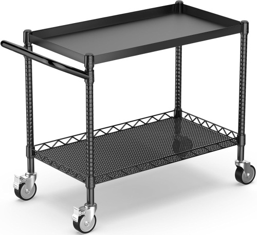 2 Tier Utility Cart with Wheels, NSF Certified 900LBS Capacity Heavy Duty Rolling Utility Carts with Handle Bar, Commercial Grade Metal Serving Storage Cart for Warehouse Garage Kitchen, Black - Lot 9027