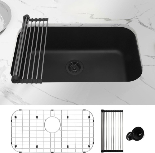 Undermount Kitchen Sink Black,30" X 18” Granite Stone Sink,Undermount Single Bowl Kitchen Sinks,R80 Round Corner Design - Lot 9030