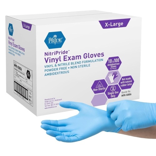 MED PRIDE NitriPride Nitrile-Vinyl Blend Exam Gloves, X-Large 1000 - Powder Free, Latex Free & Rubber Free - Single Use Non-Sterile Protective Gloves for Medical Use, Cooking, Cleaning & More - Lot 8950