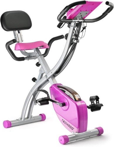 Folding Exercise Bike Portable Upright Adjustable Backrest Cycling Recumbent Stationary Bike Slim Indoor Workout Fitness Cardio Foldable Exercise Bicycle Machine with Pulse Sensor LCD Monitor Arm Resistance Bands - Lot 8953