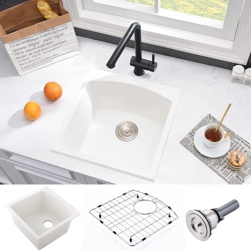13 Inch Bar Sink Undermount-VASOYO 13x15 White Undermount Kitchen Sink Dual Mount Single Bowl Granite Kitchen Sink Wet Bar Prep Kitchen Sink Bar Sink RV Sink with Bottom Grid - Lot 8922