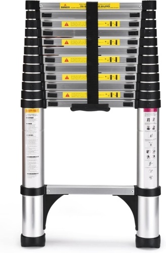 Telescoping Ladder, SocTone 12.5 FT Aluminum Lightweight Extension Ladder with 2 Triangle Stabilizers, Heavy Duty 330lbs Max Capacity, Multi-Purpose Collapsible Ladder for RV or Outdoor Work - Lot 8923