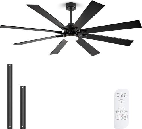 72 Inch Ceiling Fan with Lights, Large Outdoor Ceiling Fans with Light, Black Industrial Ceiling Fan 8 Blades for Great Room, Large Living Room Patio Farmhouse Damp Rated, Quiet Reversible DC Motor - Lot 8925