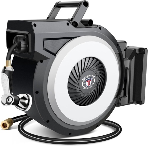 5/8" Retractable Garden Hose Reel by BSTOKCAM, Hybrid Rubber Hose, Heavy Duty Water Hose Reels Automatic Rewind Storage, 10 Patterns Nozzle 85 FT Hose Included - Lot 9000