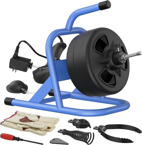 POPULO 50FT×5/16" Drain Cleaner Machine, Electric Drain Auger Drain Snake 50 Ft With 4 Cutters, Foot Switch For 1"-3" Pipe - Lot 9006