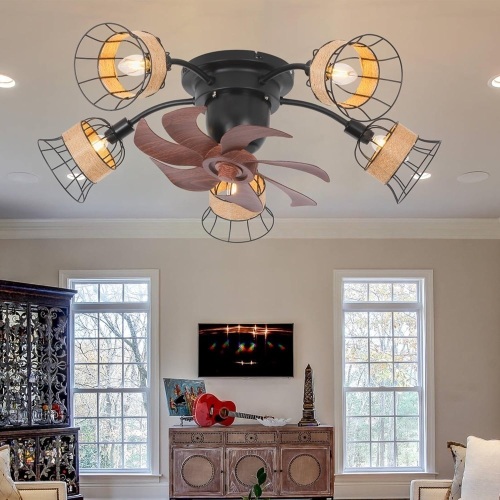 Boho Ceiling Fan with Lights and Remote, Small Rustic Farmhouse Lighting & Ceiling Fans, Black Bladeless Flush Mount Chandelier Fan, Industrial Vintage Ceiling Fan Light for Bedroom - Lot 9018