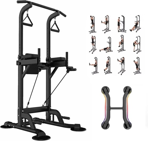 Power Tower Dip Station Pull Up Bar Exercise Tower Adjustable Pull Up Station Pull Up Tower Bar for Home Gym Multi-Function Strength Training Fitness Equipment - Lot 9022