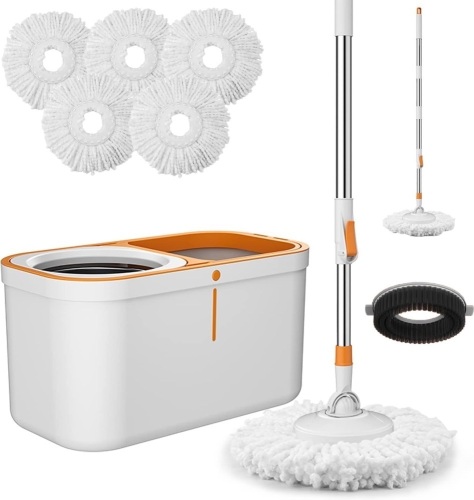 Spin Mop Bucket with Wringer System Extended Mop Handle 61＂Mop and Bucket for Floors Cleaning with 5 Replacement Head Refill 1 Cleaning Brush Head - Lot 9024