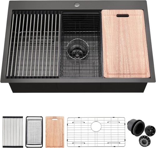 33 Drop In Black Workstation Kitchen Sink, ZDHHT 16 Gauge 33 x 22 x 10 Inches Topmount Black 304 Stainless Steel Single Bowl Kitchen Sink - Lot 9051