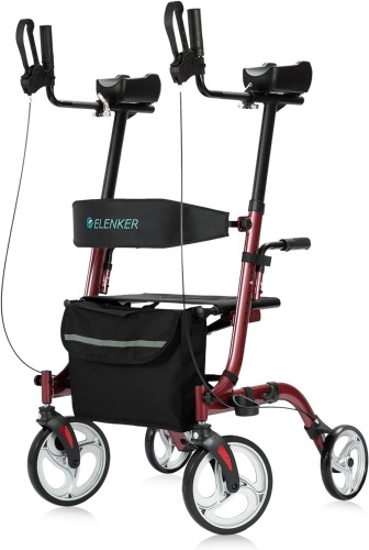 ELENKER Upright Rollator Walker, Stand Up Folding Rollator Walker Back Erect Rolling Mobility Walking Aid with Seat, Padded Armrests for Seniors and Adults, Red - Lot 9056