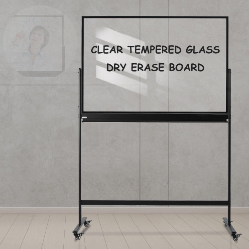 TSJ-OFFICE Rolling Clear-Glass Whiteboard on Wheels - 48" x 32" Mobile Dry Erase Board with Stand, Large Rolling White Board with 25 Sheets Paper Pad, Transparent Tempered Glass Board for Home Office - Lot 9059