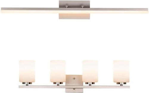 mirrea 36in Modern LED Vanity Light for Bathroom Lighting Dimmable 36w Brushed Nickel (Warm White 3000K) 28in 4-Light with Etched White Glass Shades Burshed Nickel Finished Fixture - Lot 9039