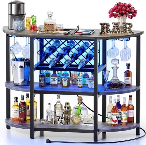Bar Table Cabinet with Power Outlet, LED Home Mini Bar Cabinet for Liquor, Metal Wine Bar Stand with 4-Tier Storage, Easy to Assemble - Lot 9160