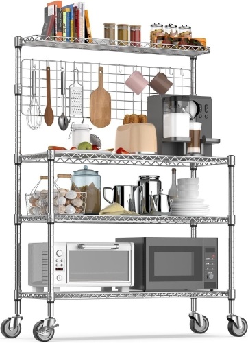 Kitchen Bakers Rack, NSF Certified 4-Tier Microwave Stand with Wheels 20 S-Hooks, Adjustable Heavy Duty Storage Rack Commercial Grade Metal Utility Storage Shelf 42× 18× 63 Inches, Chrome - Lot 9130
