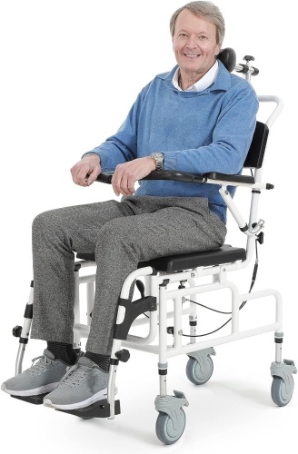 OasisSpace Personal Mobility Assist Bedside Commode Toilet Chair, Tilt Shower Commode Wheelchair, 4-in-1 Shampoo Chair 30° Reclining and Headrest, Adjustable Transport Rolling Chair(FSA HSA Eligible) - Lot 8199