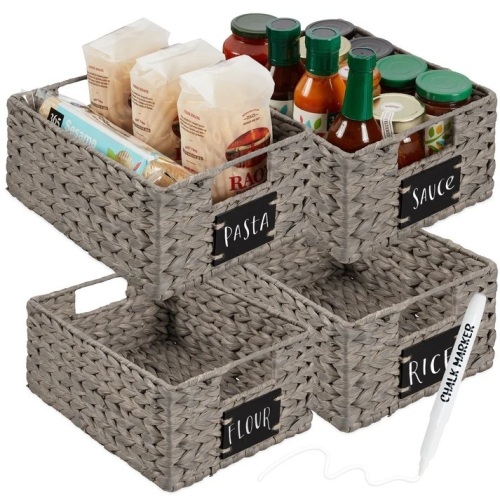 Set of 4 Water Hyacinth Pantry Baskets w/ Chalkboard, Marker - 12in - Lot 8320
