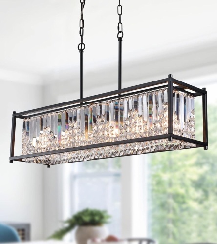 Q&S Modern Crystal chandelier for Dining Room,Black Rectangular Farmhouse Industrial Pendant 6 Lights for Kitchen Island Bar Living Room Pool Table L37.5 UL Listed - Lot 9177