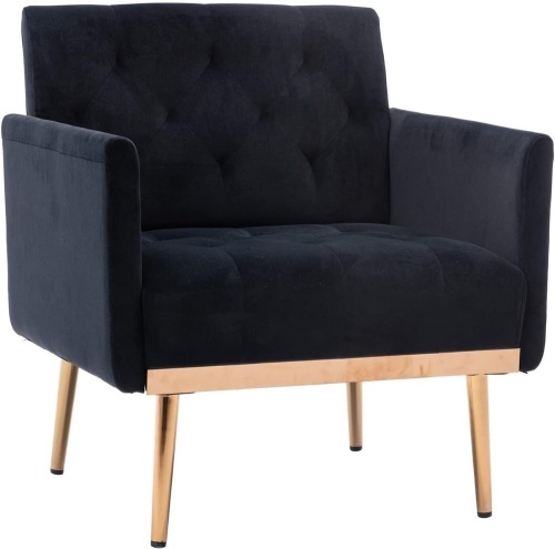 Olela Velvet Accent Chair with Arms for Living Room, Modern Tufted Single Sofa Armchair with Gold Metal Legs Upholstered Reading Club Chair for Bedroom Office Decorative (Black - Velvet Smooth Back) - Lot 9179