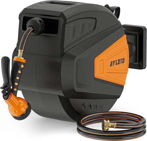 Ayleid Retractable Garden Hose Reel,1/2 in x 65 ft Wall Mounted Hose Reel, with 9- Function Sprayer Nozzle, Any Length Lock/Slow Return System/Wall Mounted/180°Swivel Bracket (Black) - Lot 9186