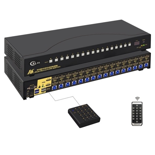 CKLAU 16 Port USB 3.0 Dual Monitor KVM Switch HDMI 4K60Hz with Audio and Rack Rack and Cables, 16x2 Video Keyboard Mouse Monitor Peripheral Switcher Box - Lot 9196