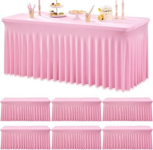 6 Pack Spandex Baby Pink Tablecloths for 6 foot Rectangle Tables, Wrinkle Free Fitted Table Cloths 6ft Stretchy Tablecovers Desk Skirt for Parties Weddings Birthday Banquet Baby Shower - Lot 9198
