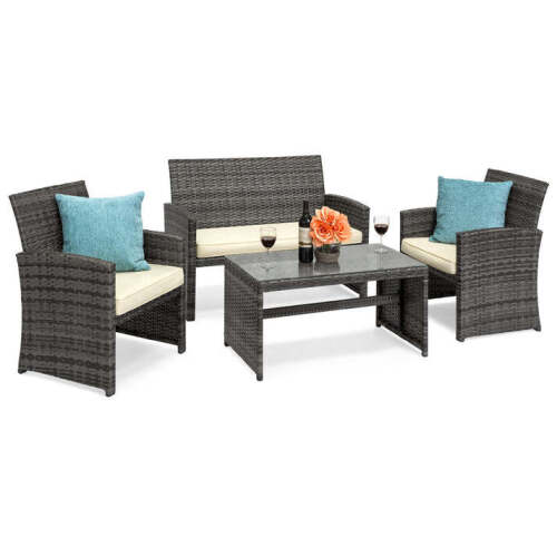 4-Piece Outdoor Wicker Conversation Patio Set w/ 4 Seats, Glass Table Top - Lot 8818