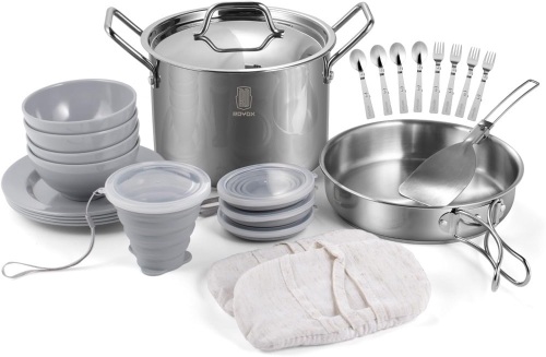 ROYDX Pots & Pans Set-27 Pcs Stainless Steel Kitchen Cookware Set,Foldable Frying Pan Stockpot with Forks Spoons Travel Bag for Campfire Hiking,Barbecues,Beach Outdoor Picnic Camping Cooking Set - Lot 8961