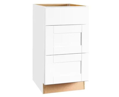 Hampton Bay Shaker 18 in. W x 24 in. D x 34.5 in. H Assembled Drawer Base Kitchen Cabinet in Satin White with Ball-Bearing Glides - Lot 101